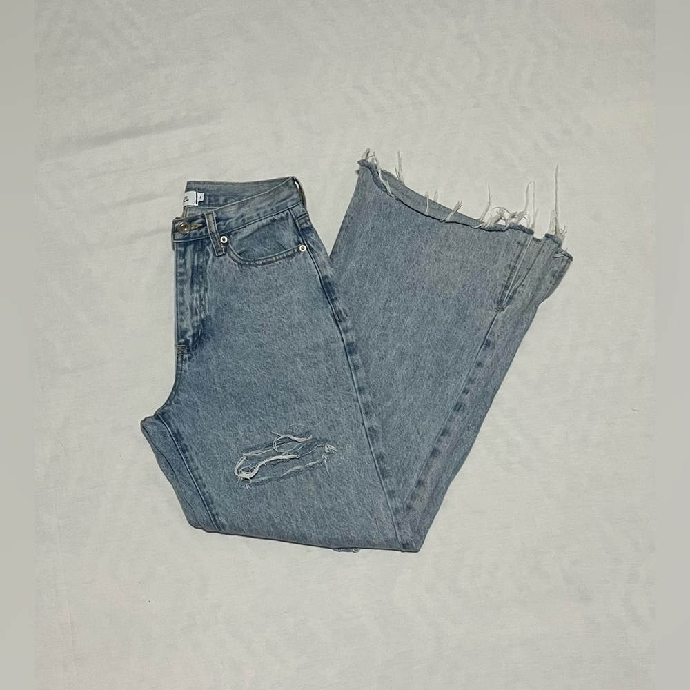 Rue21 High Rise Distressed Flare Jeans Light Wash Side Slit Raw Hem